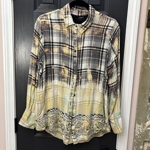 Tolani Plaid Button-Up Blouse - Black, Yellow, Cream